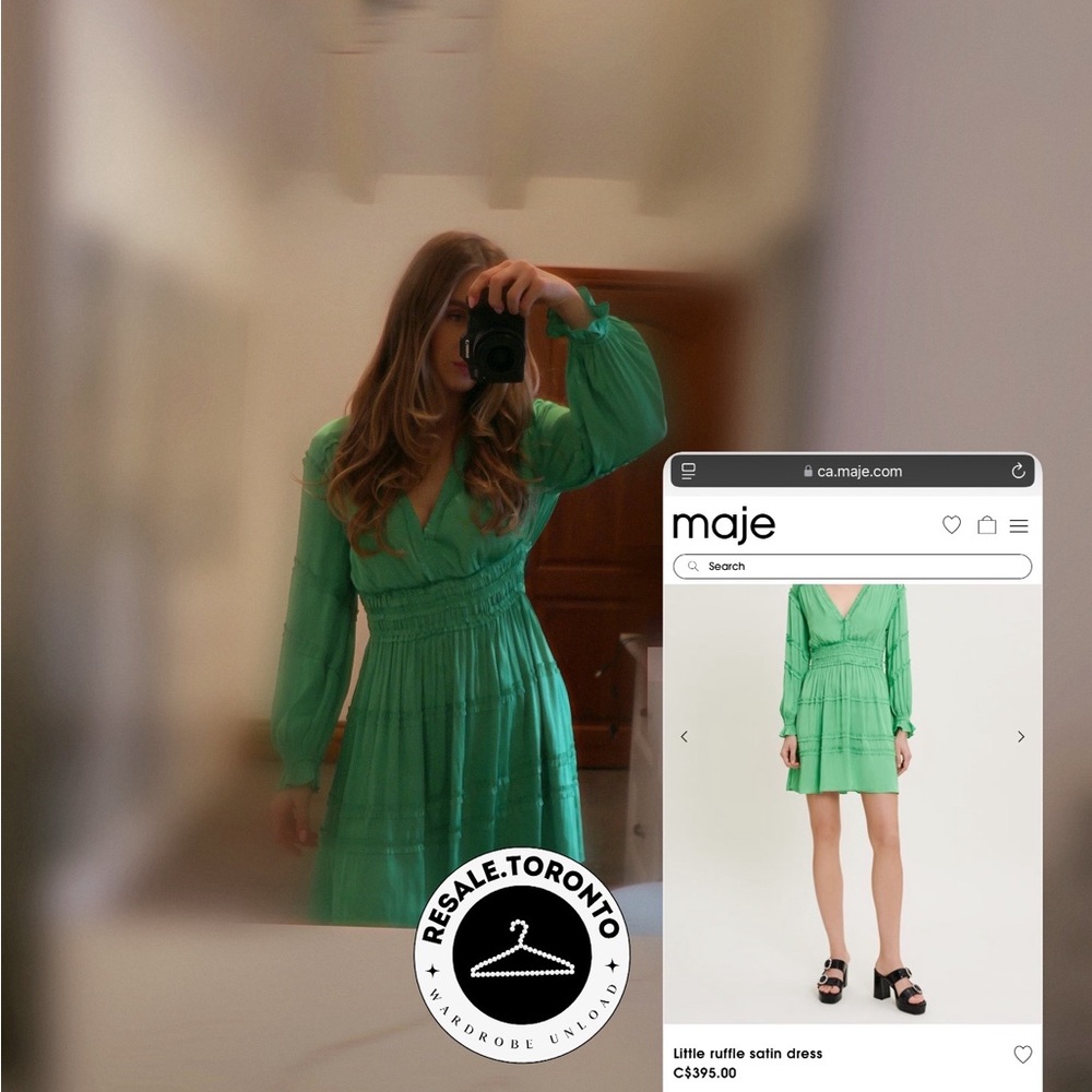 Maje Green Long Sleeve V-Neck Sundress